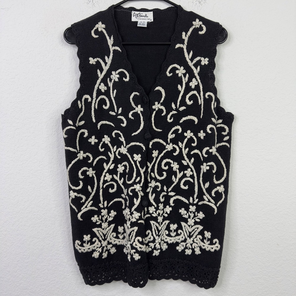 All Points‎ Sweater Vest Womens M Embroidered Beaded Floral Knit VTG Cottagecore